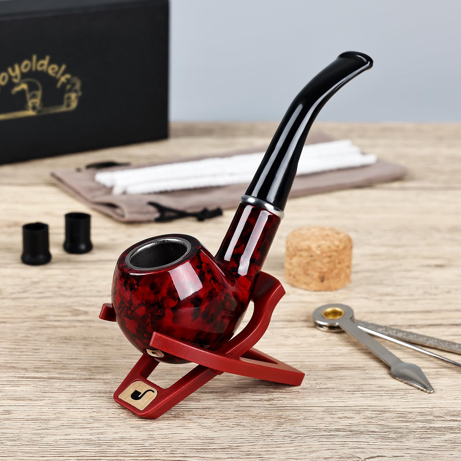 Joyoldelf Classic Bent Tobacco Pipe with Foldable Stand - Premium Smoking Pipe Kit with Gift Box & Accessories for Relaxation & Social Gatherings
