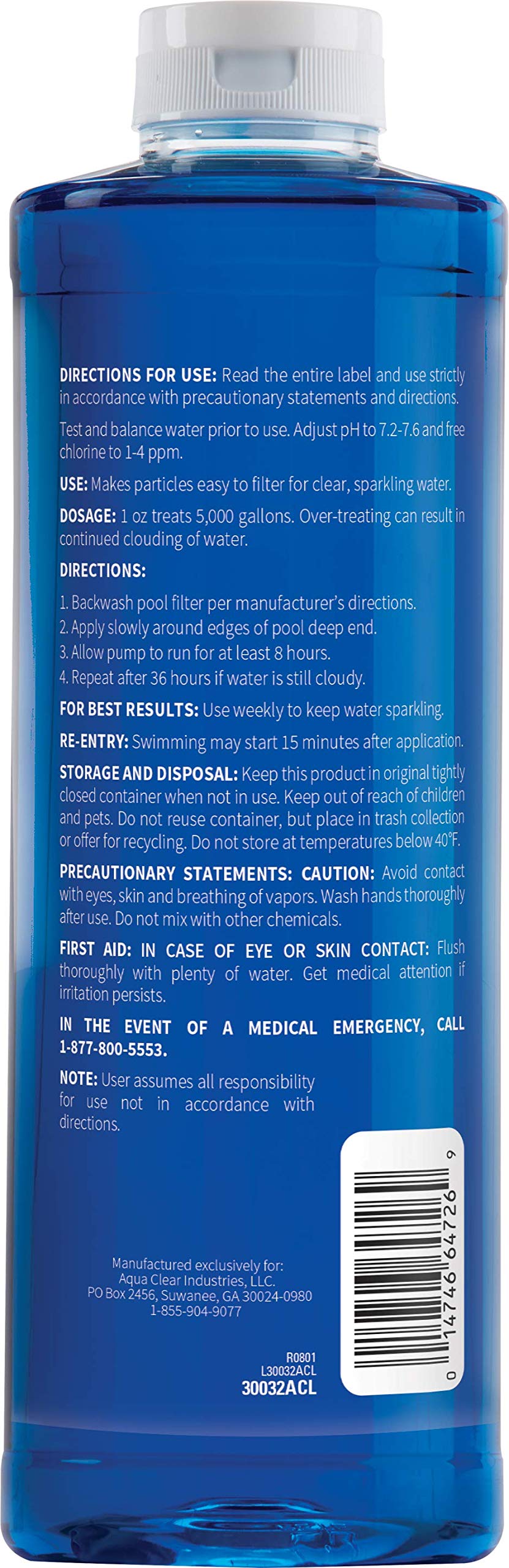 Pool Water Clarifier 32 oz - Crystal Clear Swimming Pool Treatment | Improves Water Clarity & Removes Cloudiness | Perfect for Above Ground & Inground Pools