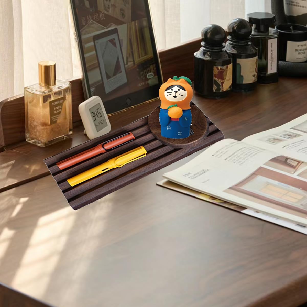 Premium Walnut Wood Pen Holder Organizer - 5 Compartment Desk Pen Stand for Office, School & Home | Teacher Gift Idea | Perfect for Workspace Organization & Desktop Decor