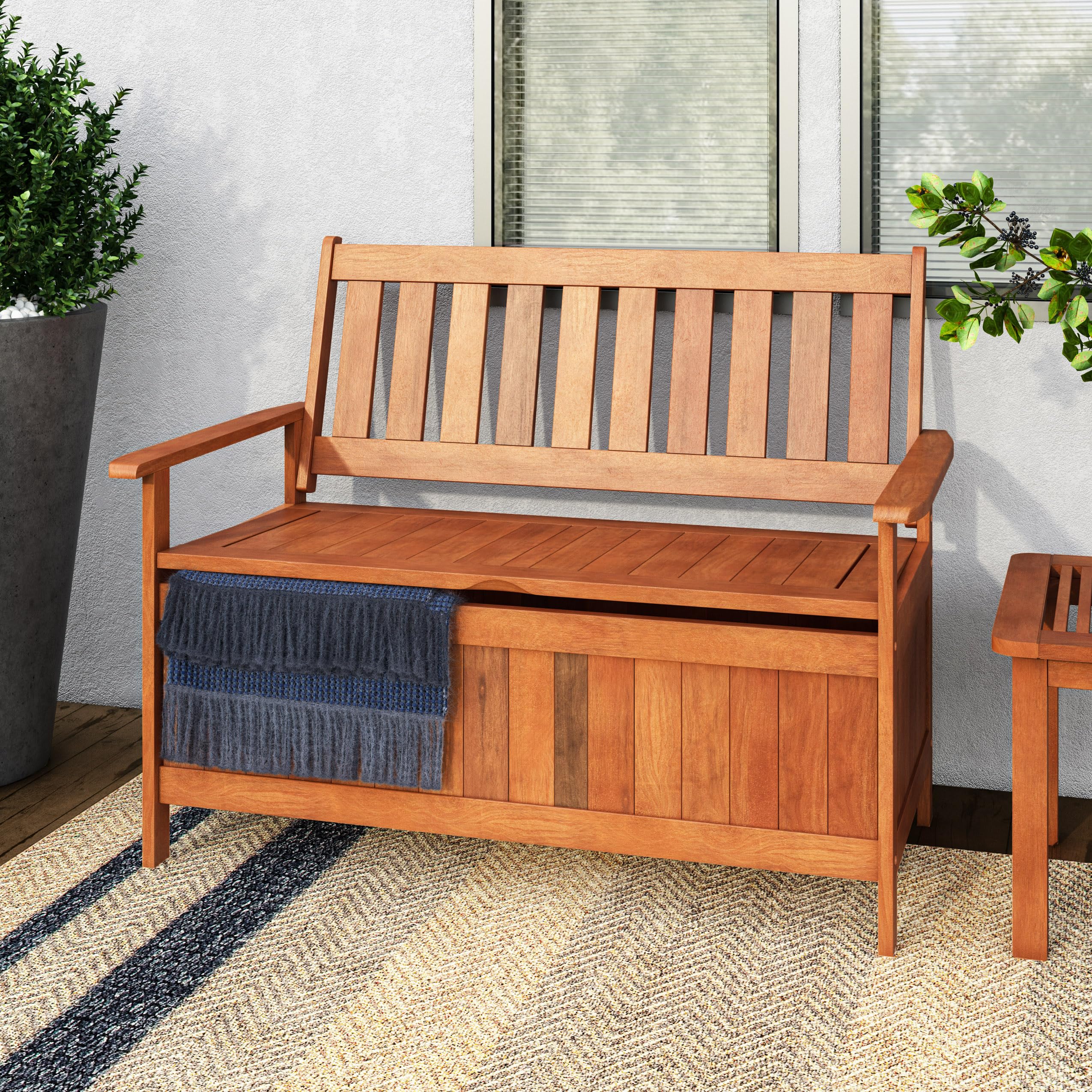 CorLiving Miramar Natural Brown Stained Hardwood Outdoor Storage Bench - Weatherproof Patio Furniture for Garden, Deck, Porch & Backyard Seating with Storage