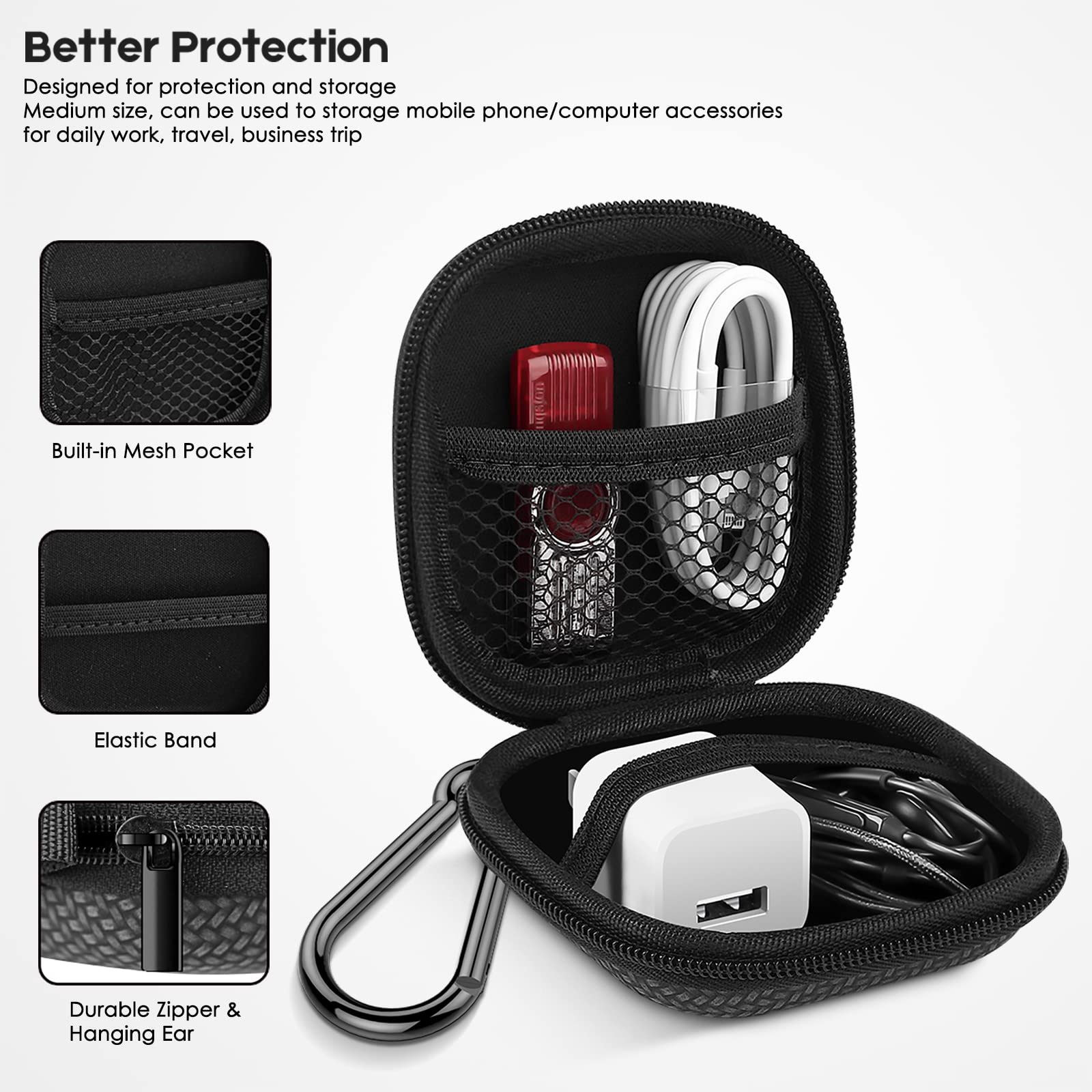 Premium Hard EVA Earphone Carrying Case with Carabiner - Protective Storage for AirPods, Headphones, Charging Cables & Small Accessories | Travel, Gym & Daily Use Organizer