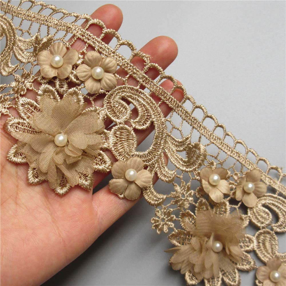 2 Yards Gold Flower Pearl Lace Edge Trim Ribbon - 8.5cm Wide Vintage Style Embroidered Fabric Applique for Sewing & Crafts - Perfect for Wedding Dresses, DIY Cards, Hats, Clothing Embroidery & Home Decor