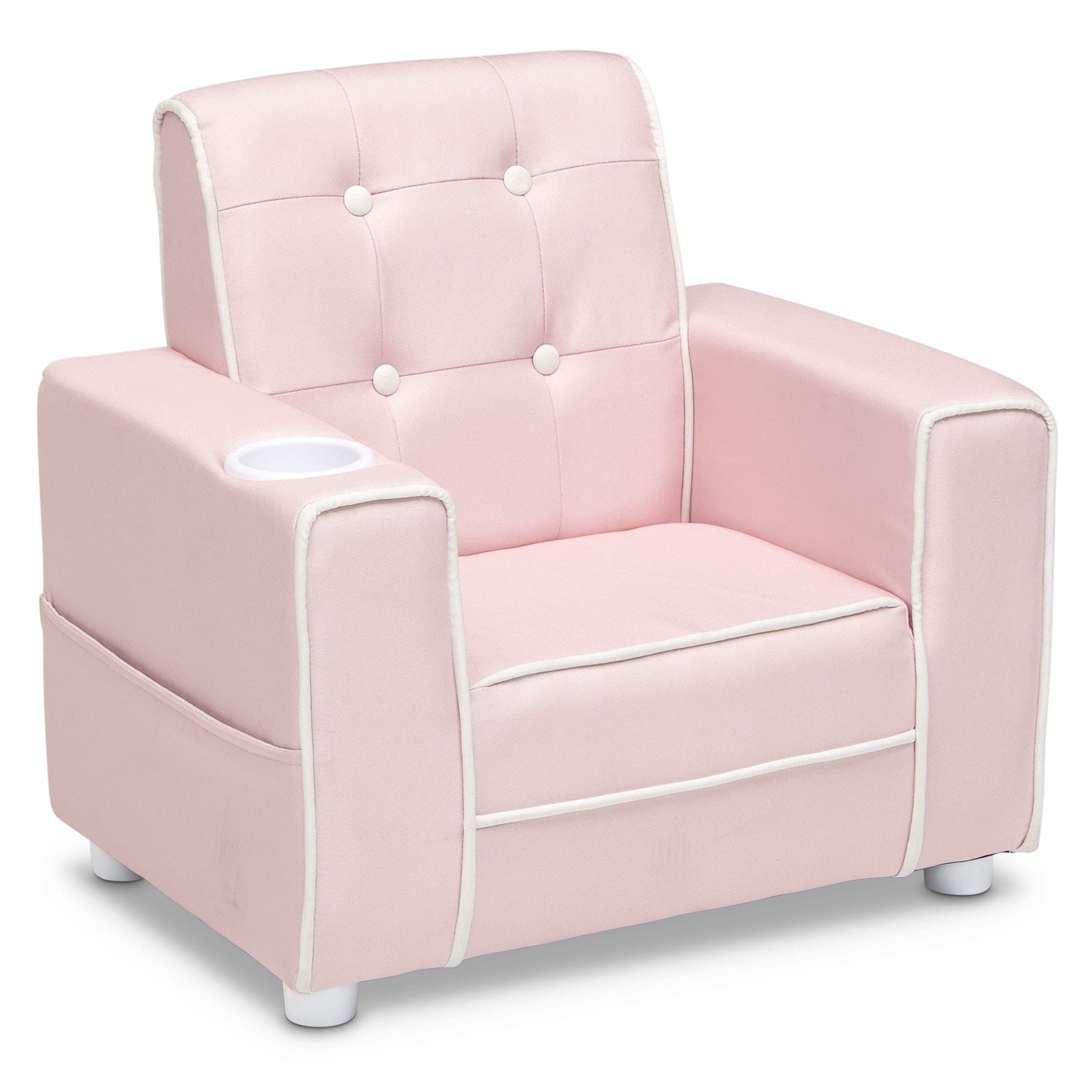 Delta Children Chelsea Kids Upholstered Chair with Cup Holder - Pink Toddler Chair for Bedroom, Playroom & Reading Nook | Comfortable Seating for Kids Ages 3-8