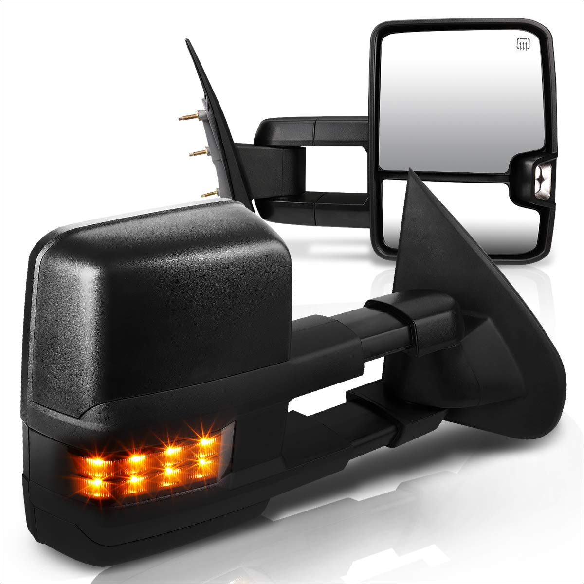 Pair of Power Heated Towing Mirrors with Amber LED Turn Signal - Compatible with Chevy Silverado & GMC Sierra 2014-2017 (Black) | Enhanced Visibility for Winter Driving & Towing Trailers