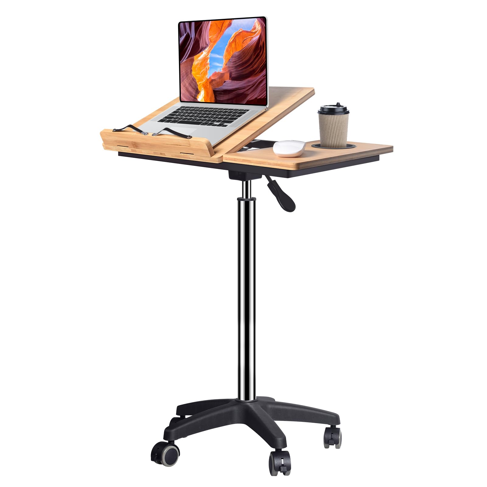 Wishacc Adjustable Rolling Podium Stand - Over Bed Table & Laptop Workstation with Wheels (30.5-43.7 inches) | Perfect for Home Office, Hospital Bed & Classroom Presentations