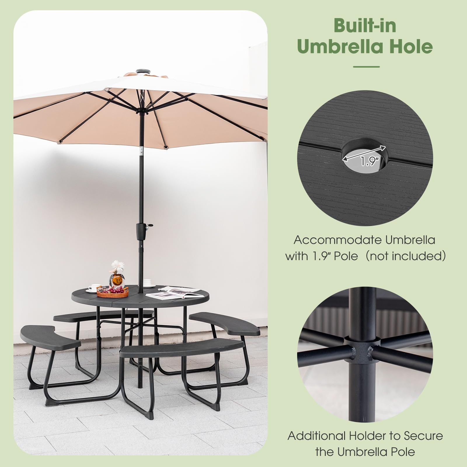 Giantex 8-Person Round Outdoor Picnic Table Set with Umbrella Hole - HDPE Top & Sturdy Metal Frame, 2000LBS Capacity - Perfect for Backyard, Deck, Garden, and Patio Gatherings (Black)