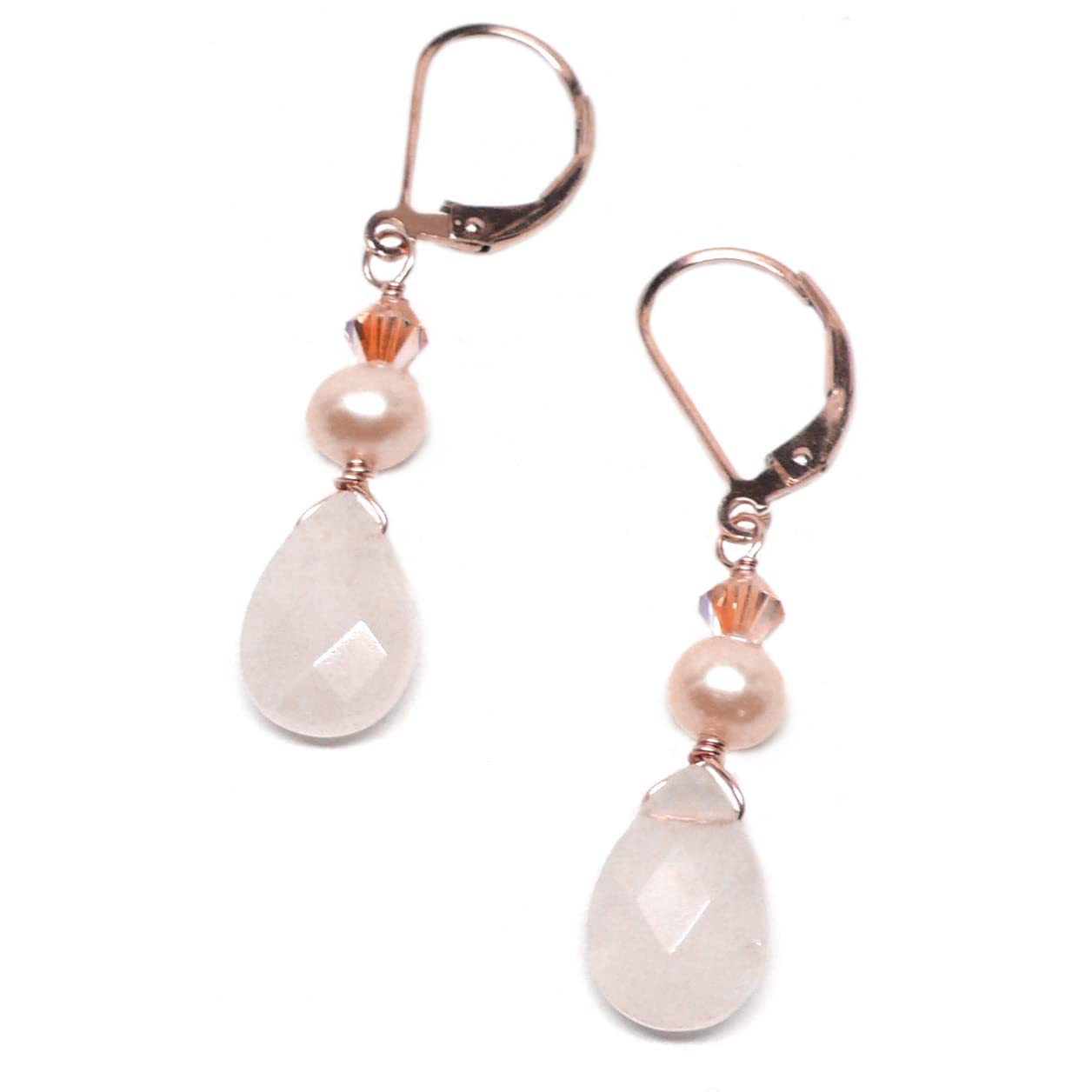 Rose Quartz Briolette Rose Gold-Filled Lever Back Earrings with Crystal & Cultured Freshwater Pearl - Elegant Dangle Earrings for Women, Perfect for Weddings, Date Nights & Special Occasions