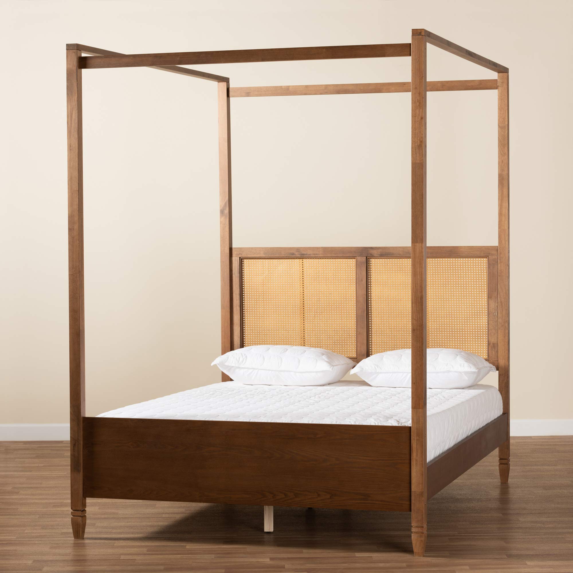 Baxton Studio Malia Modern Queen Size Canopy Bed - Walnut Brown Wood & Rattan Design for Bedroom Decor | Perfect for Contemporary Master Bedrooms and Guest Rooms
