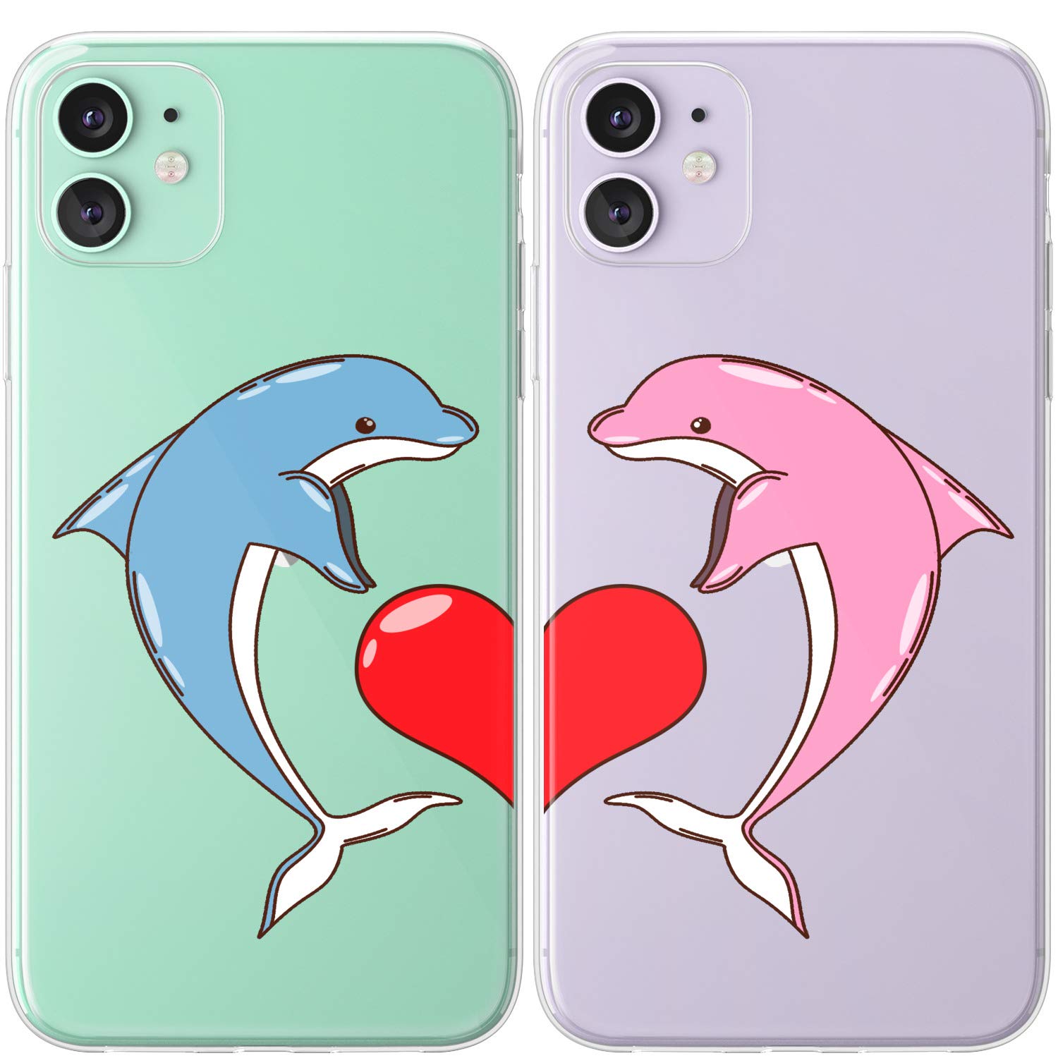 Cute Dolphin Couple BFF Phone Case Compatible with iPhone 15 Pro Max/14 Plus/13/12 Mini/11/SE/XS/XR/8/7 - Protective Kawaii Cartoon Cover for Best Friends Anniversary Gift - Perfect for Daily Use, Travel & Matching with Your Bestie