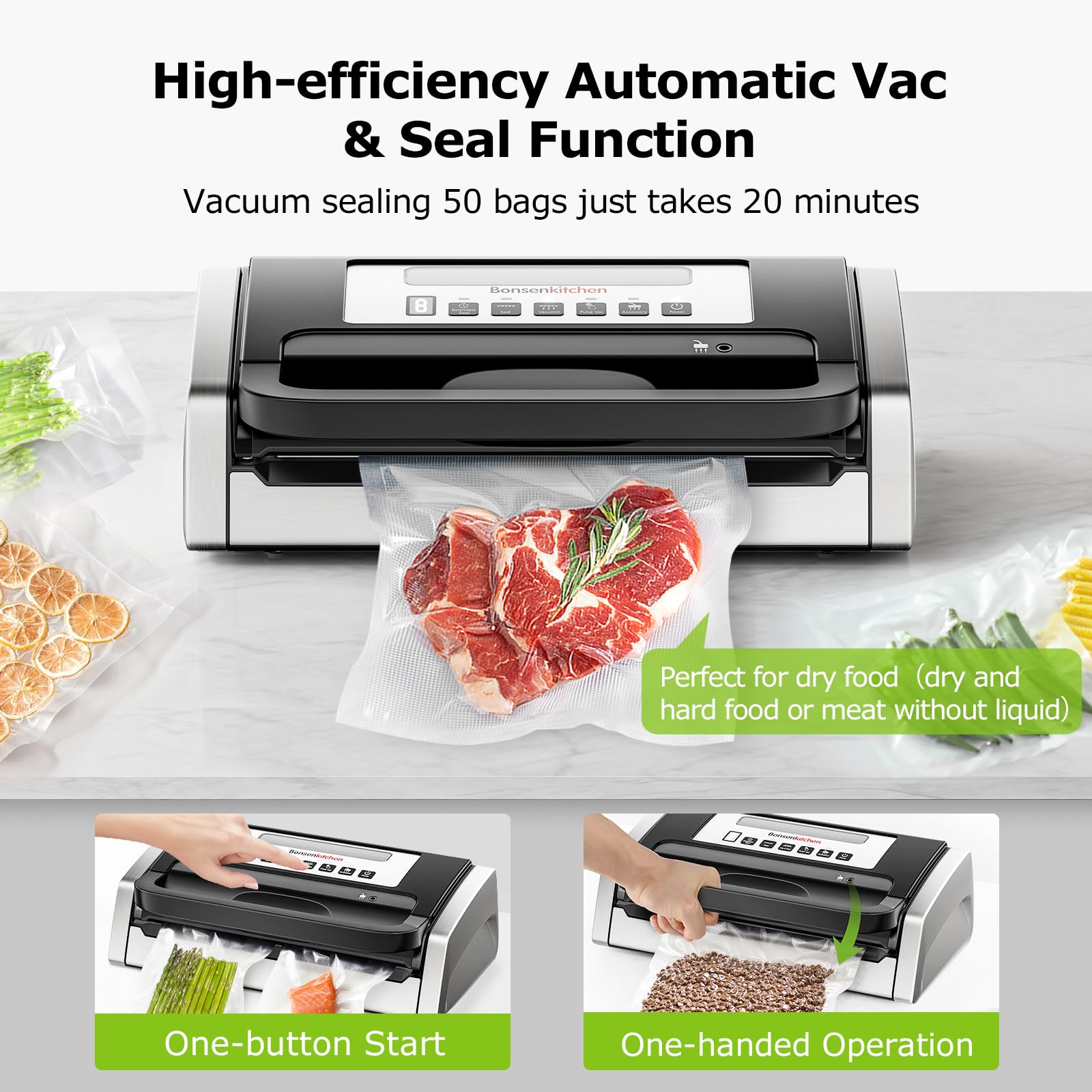 Bonsenkitchen Powerful & Quiet Vacuum Sealer Machine - High-Speed Continuous Food Sealer with Handle Lock & Built-in Cutter - Includes 2 Bag Rolls + 100 Vacuum Bags - Perfect for Meal Prep, Sous Vide, Food Storage & Freezing