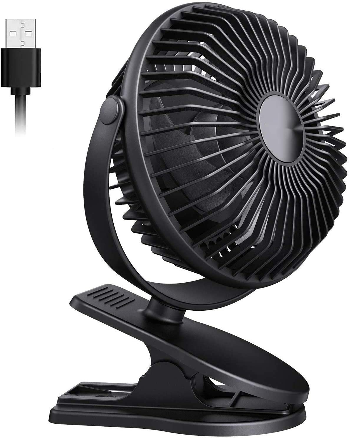 Rechargeable Clip Fan - 3 Speed USB Desk Fan with Light, Quiet Portable Personal Fan for Home, Office, Dorm, Baby Stroller, Kitchen, Car & Treadmill | Perfect for Cooling, Work, Study & Outdoor Activities - Black