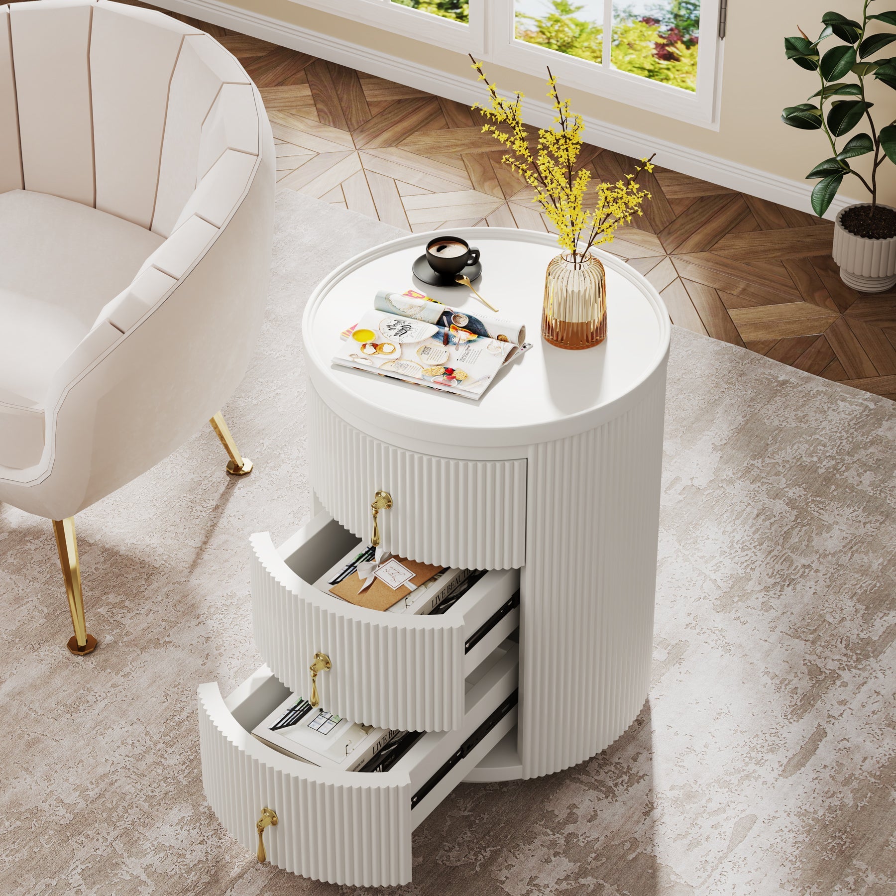 Modern 3-Drawer Nightstand with Storage - Round Side End Table for Bedroom, Living Room & Office - Compact & Stylish Furniture for Small Spaces