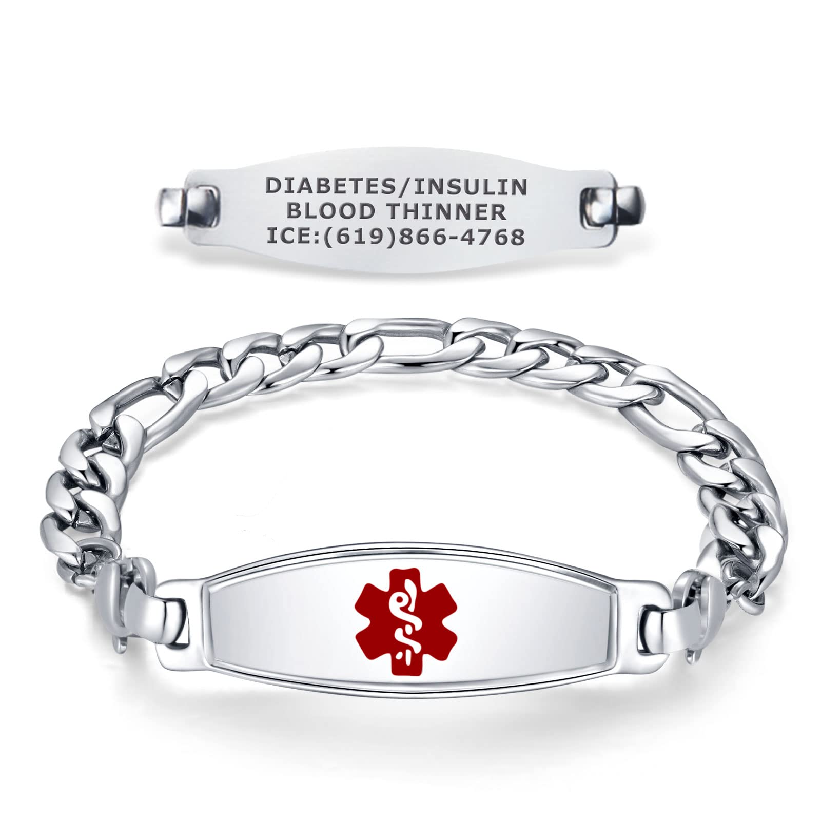 Divoti Custom Engraved Medical Alert Bracelets for Women - Stainless Steel Medical ID Bracelet with Free Engraving - Elegant Contempo Tag with Figaro Chain - Perfect for Diabetes, Allergies & Emergency Medical Identification (Choose Color/Size)