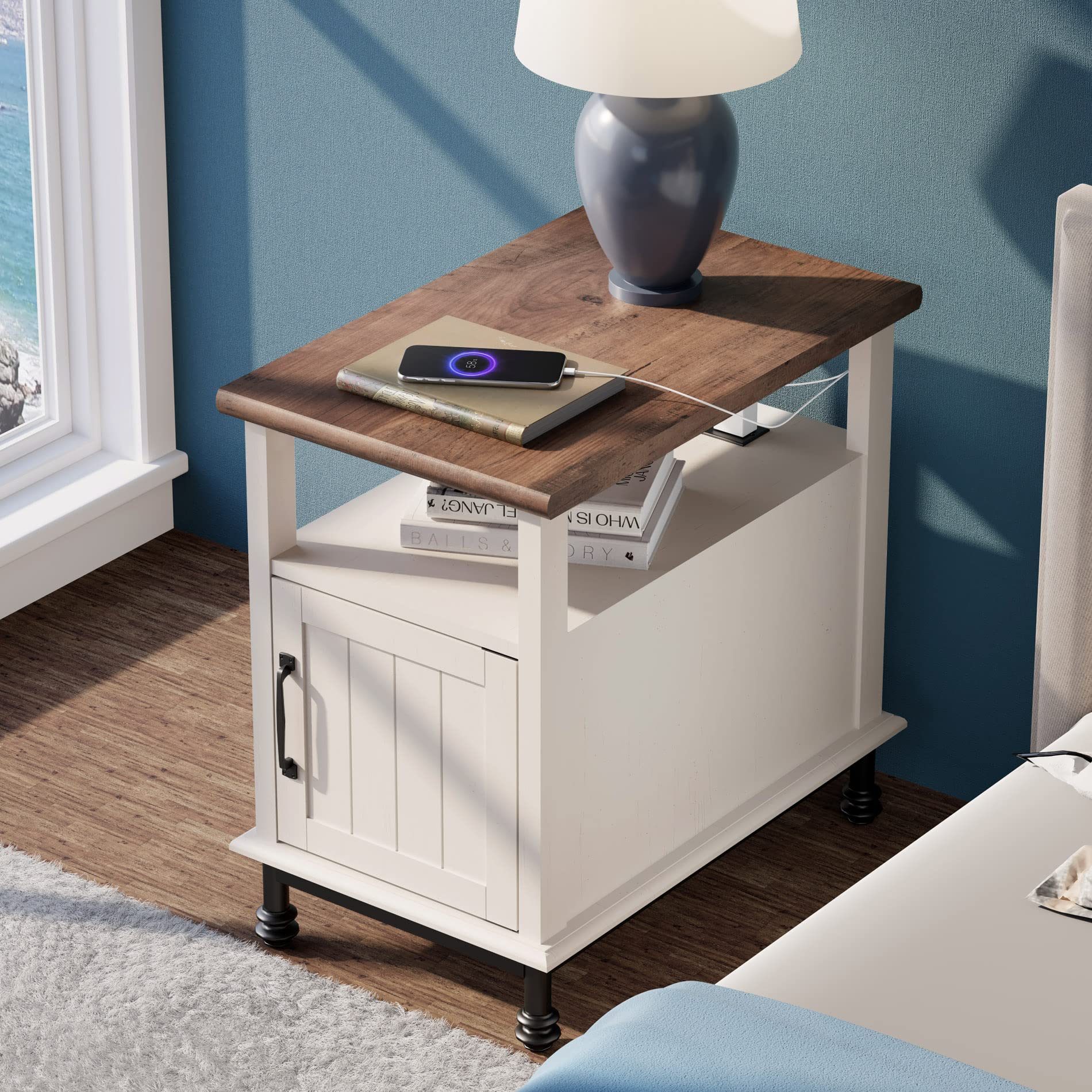 WAMPAT Narrow End Table with Charging Station - Farmhouse Style Side Table with Open Storage & Cabinet - Wooden Nightstand with Metal Legs for Living Room & Bedroom - White/Oak Finish - Perfect for Small Spaces, Apartments & Home Decor