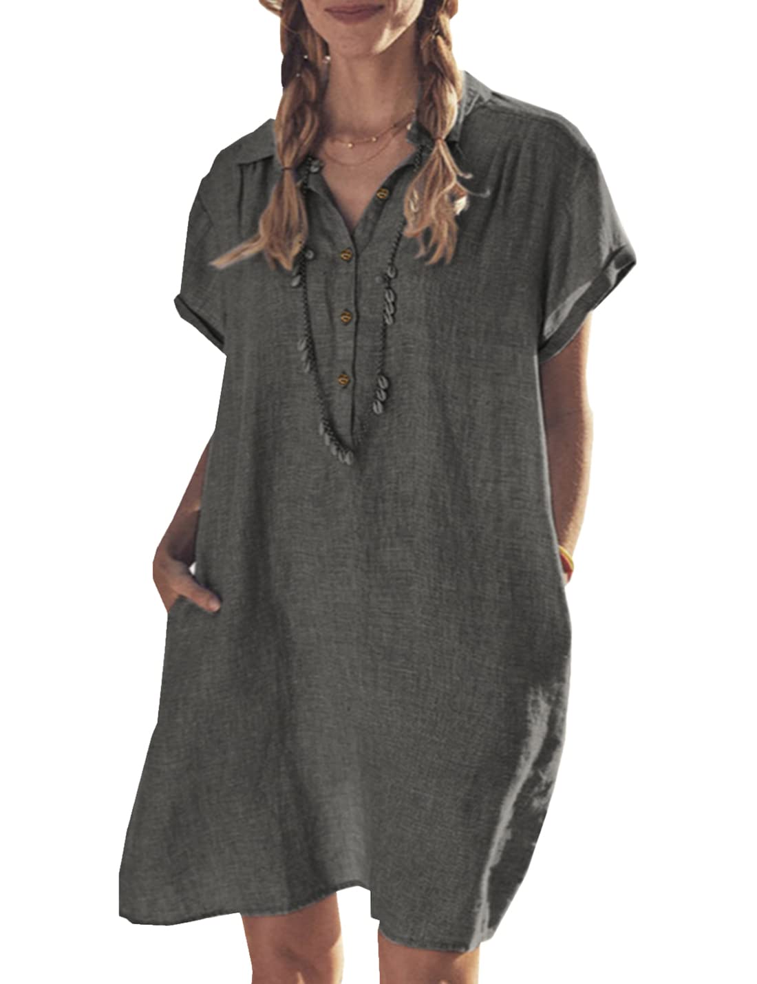 SKIKYAN Women's Summer Casual Cotton Linen Dress - Short Sleeve Button Up Beach Mini Shirt Dress with Pockets | Perfect for Vacation, Beach Outings & Summer Parties