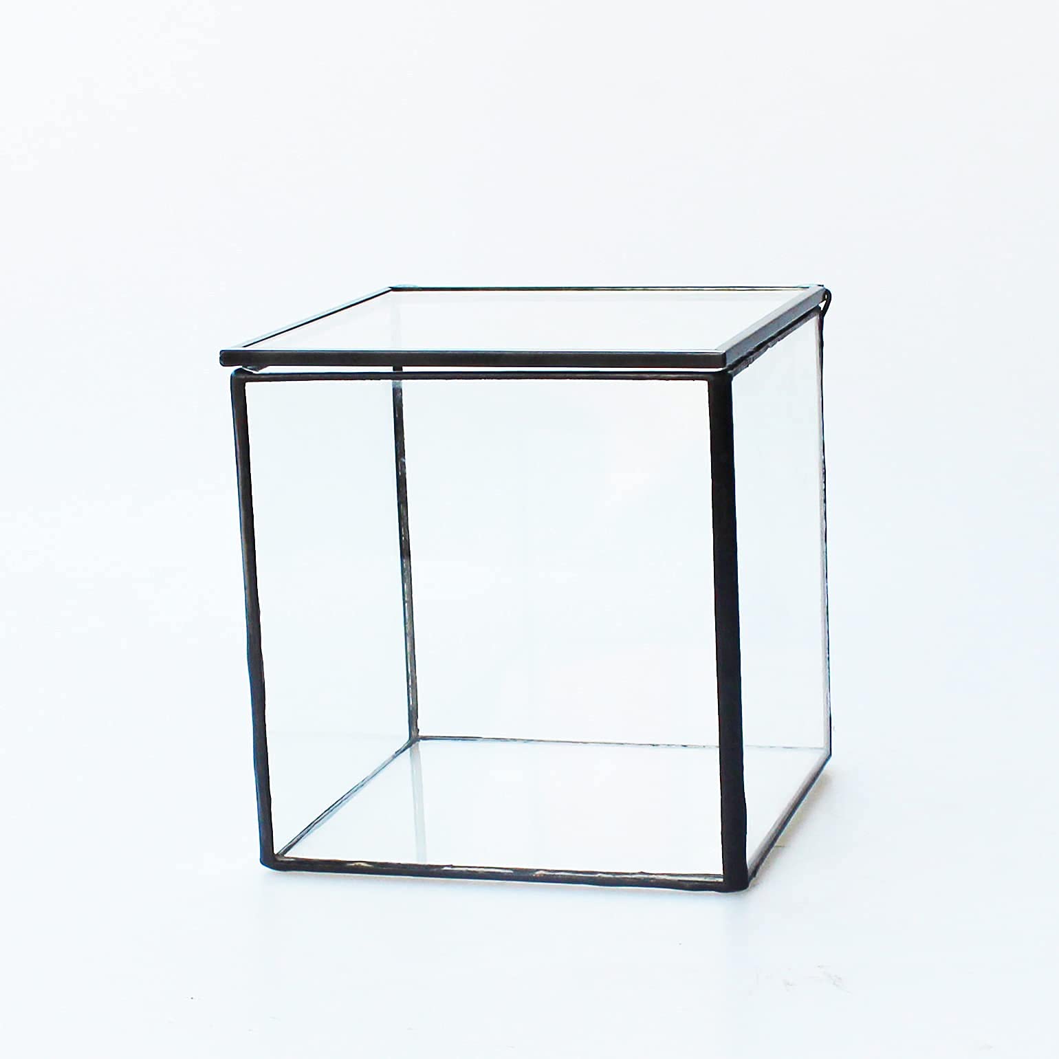 Square Glass Terrarium with Lid - 4.3x4.3x4.7 Inch Small Indoor Plant Box for Succulents, Moss & Air Plants - Handmade Geometric Tabletop Planter in Black - Perfect for Home Decor, Office Desk & Gift Ideas