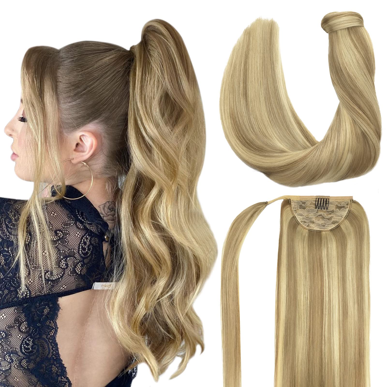 DOORES 20 Inch Clip-in Ponytail Hair Extensions - 90g Human Hair, Balayage Light Blonde with Golden Highlights | Straight Wrap-Around Ponytail with Magic Paste | Perfect for Parties, Weddings & Everyday Styling