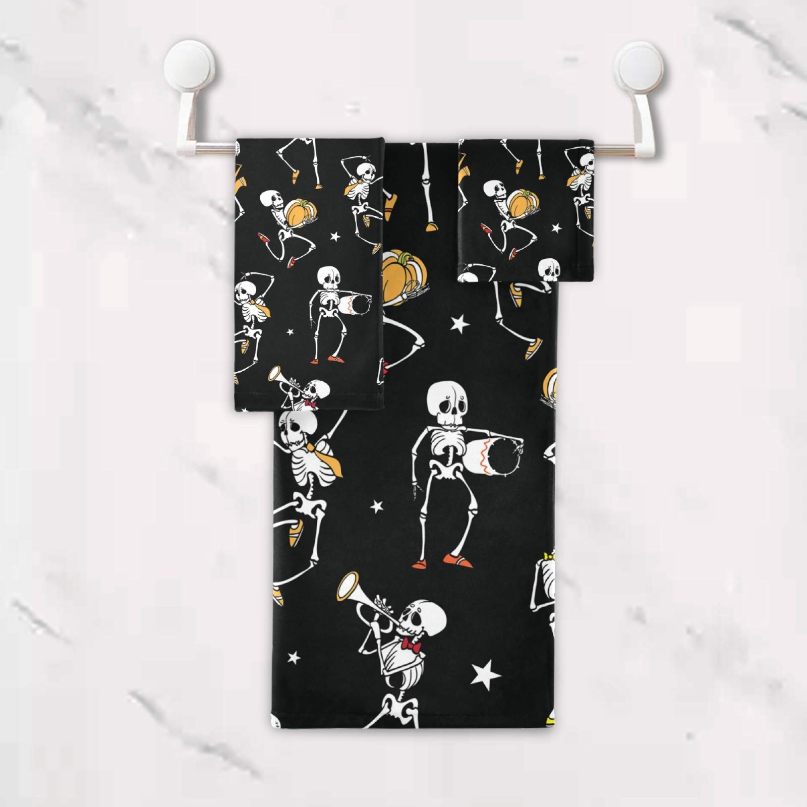 Halloween Skeleton Dance Printed Bath Towel Set - 3 Piece Soft Absorbent Towels (Bath, Hand & Face) for Spa, Bathroom, Hotel, Kitchen, Beach & Gym - Perfect for Halloween Decor & Themed Parties