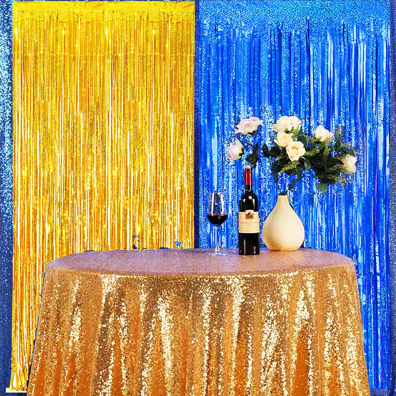 Navy Blue & Gold Graduation Party Decorations 2025 - Metallic Foil Fringe Curtains Backdrop for Graduation, Birthday & Special Events - Blue & Yellow Party Supplies for Wall Decor & Photo Booth Background