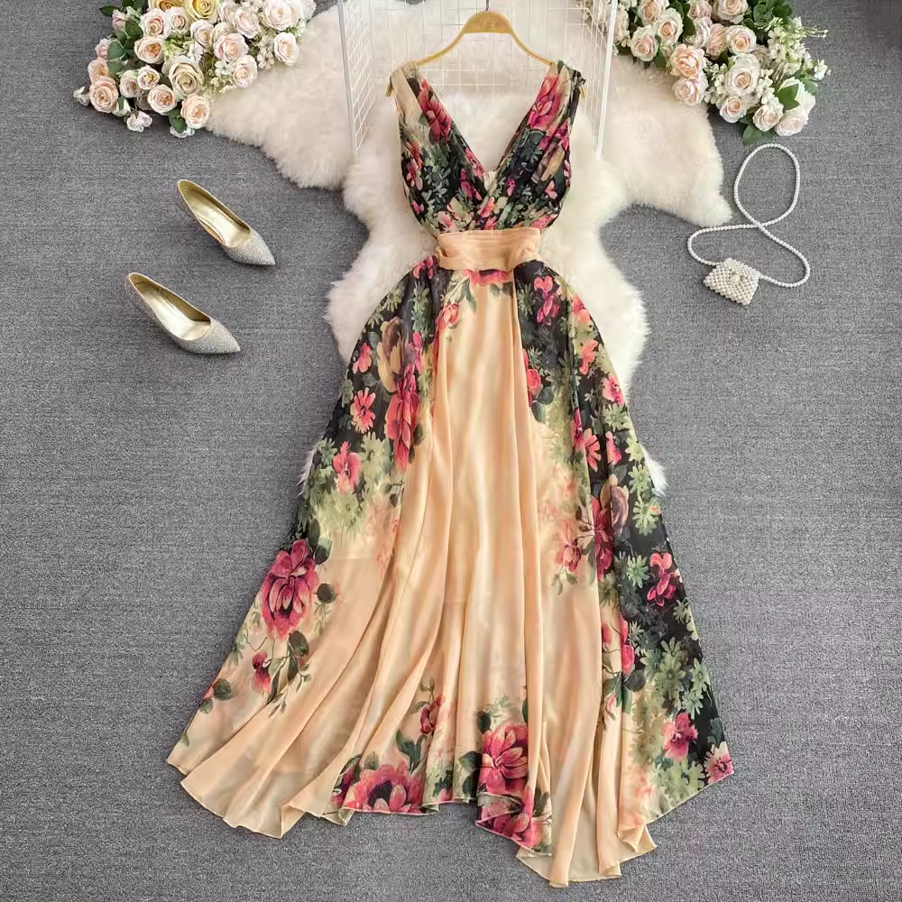 Elegant V-Neck Printed A-Line Dress for Women - Flowy Summer Casual Dress with Pockets | Perfect for Parties, Weddings & Office Wear