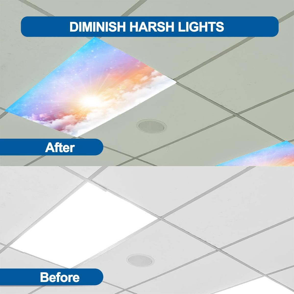 6 Pack Fluorescent Light Covers - 4' x 2' Decorative Magnetic Ceiling Light Panels with Sunshine Sky Design for Classroom, Office & Home - Reduce Glare & Create Relaxing Atmosphere