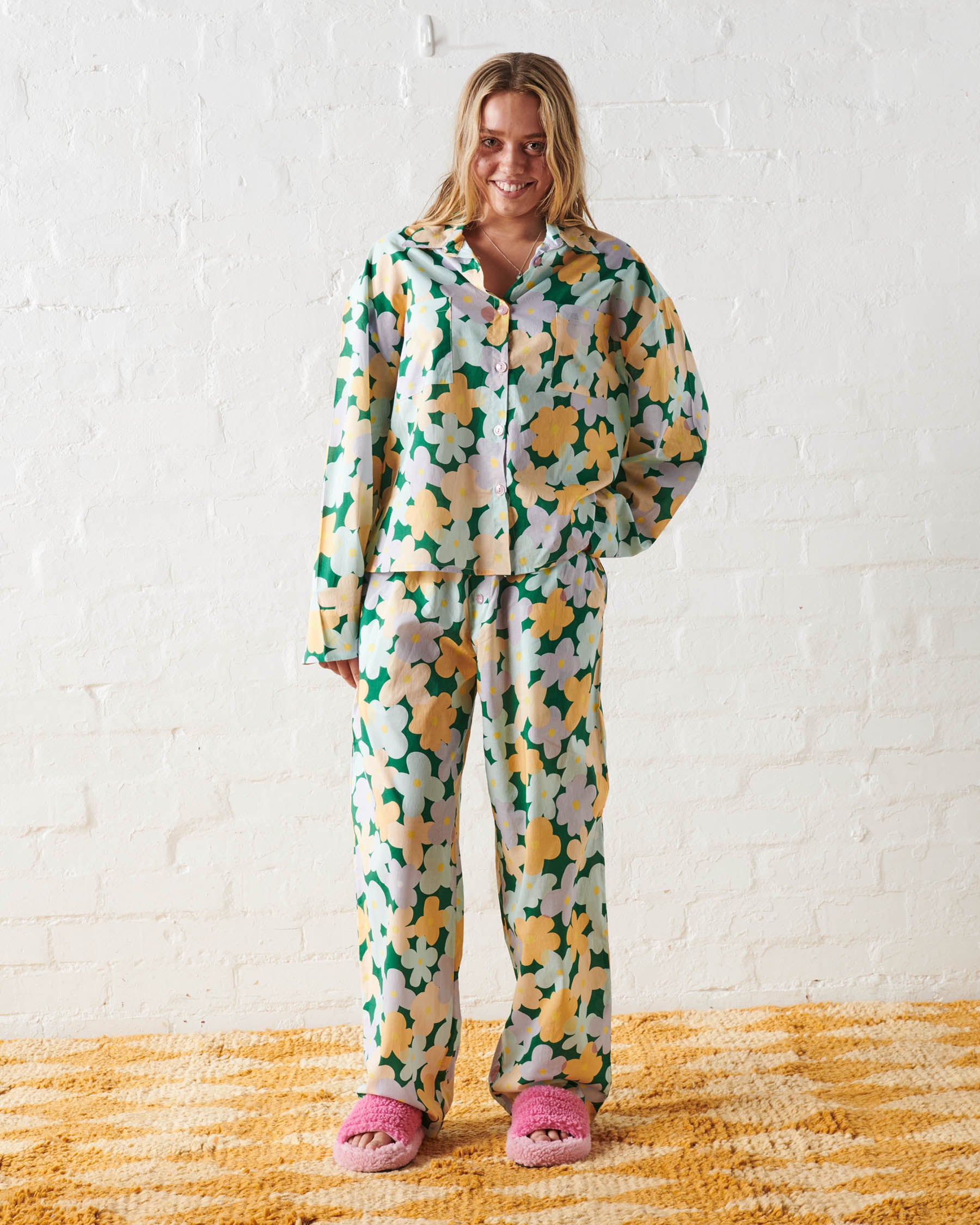 Organic Cotton Long Sleeve Pajama Set for Teens - Bush Daisy Print Sleepwear, Comfy Loungewear for Girls, Cozy Nightwear for Sleepovers & Relaxing at Home