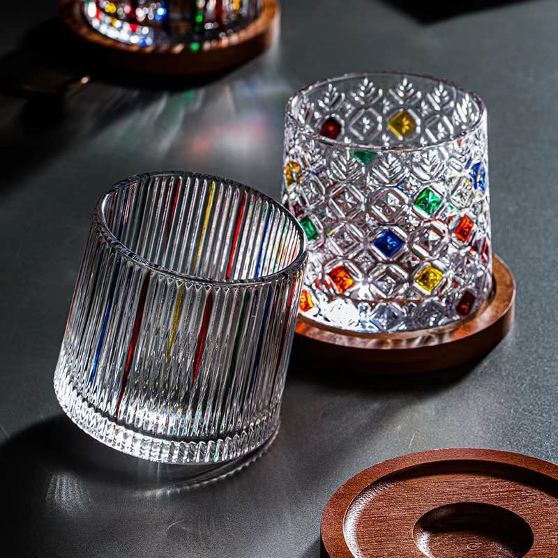 Premium Crystal Whiskey Glasses Set with Rotating Coaster - 9.2 Oz Hand-Painted Colorful Old Fashioned Bar Glasses for Scotch, Bourbon & Tequila - Elegant Spinning Rocks Glasses for Home Bars, Parties & Gifts (Stripes, 1-Piece)