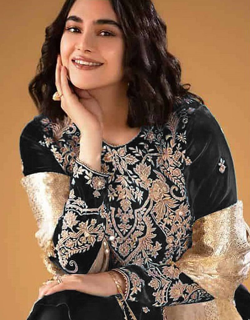 Elegant Black Velvet Embroidered Salwar Suit for Women - Luxurious Heavy Velvet Fabric - Perfect for Weddings, Parties & Special Occasions