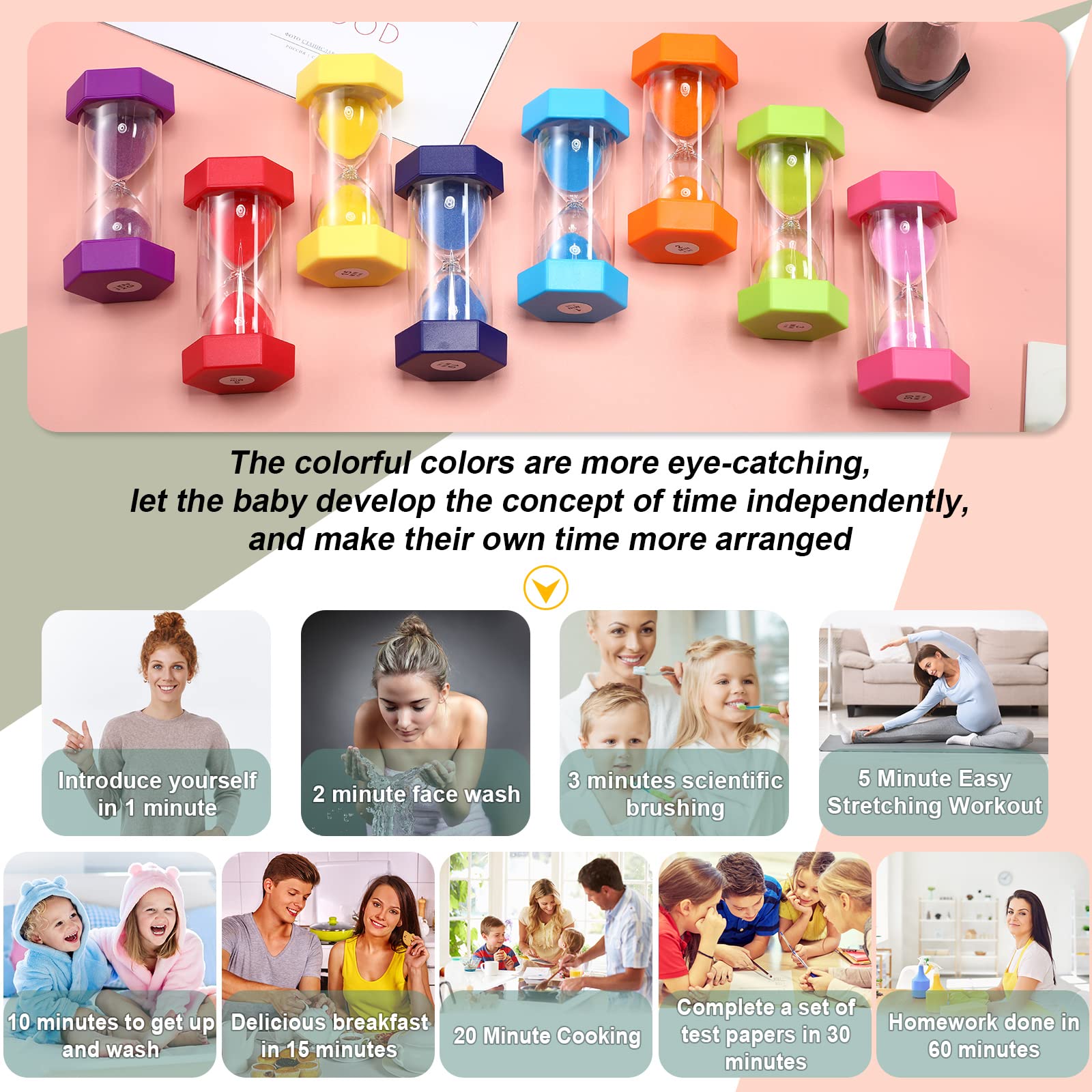 Yunsailing 9-Pack Colorful Sand Timer Set - 1/2/3/5/10/15/20/30/60 Minute Hourglass for Kids, Classroom, Home & Office | Visual Time Management Tool for Brushing Teeth, Cooking, Games & Productivity