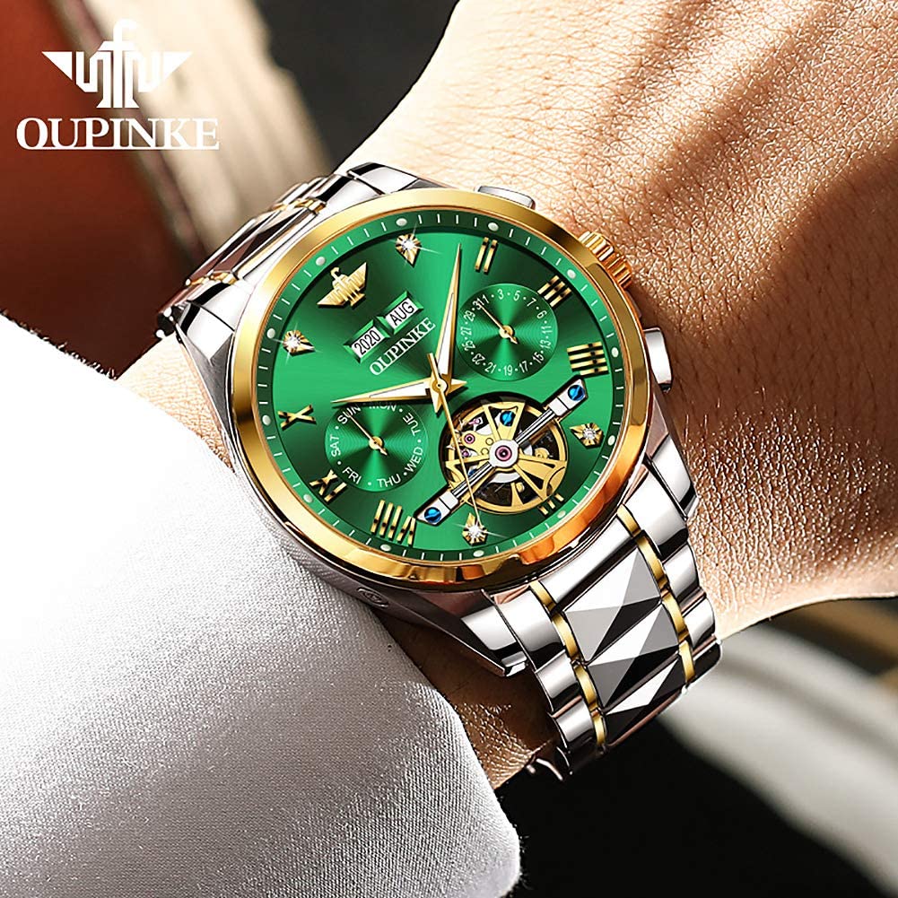 OUPINKE Men's Automatic Skeleton Watch - Self-Winding Mechanical Watch with Sapphire Crystal, 50M Waterproof & Tungsten Steel Case - Perfect for Business, Formal Events & Everyday Wear