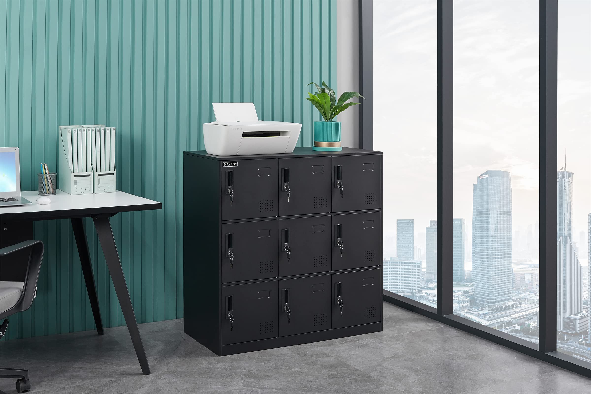 9-Door Metal Storage Locker Cabinet with Lock - Secure Office, Home & School Organizer for Classroom, Gym, Kids Room & Playroom - Durable Black Storage Solution for Sports Equipment, Toys & School Supplies