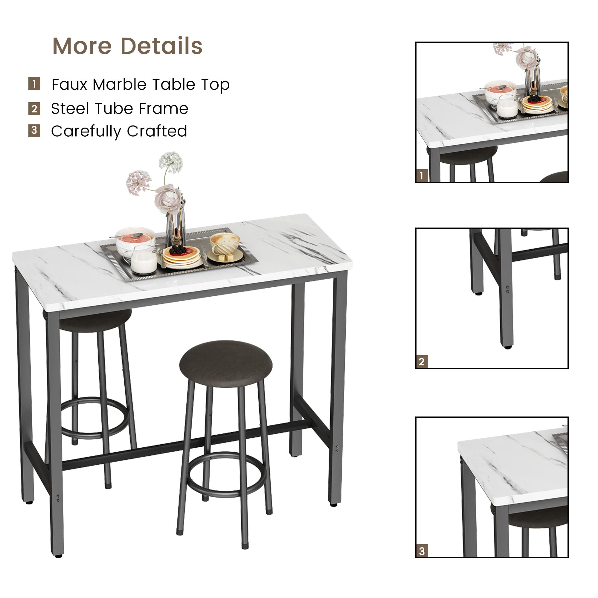 MIERES 3-Piece Counter Height Bar Table Set with 2 Round Stools - 47.2
