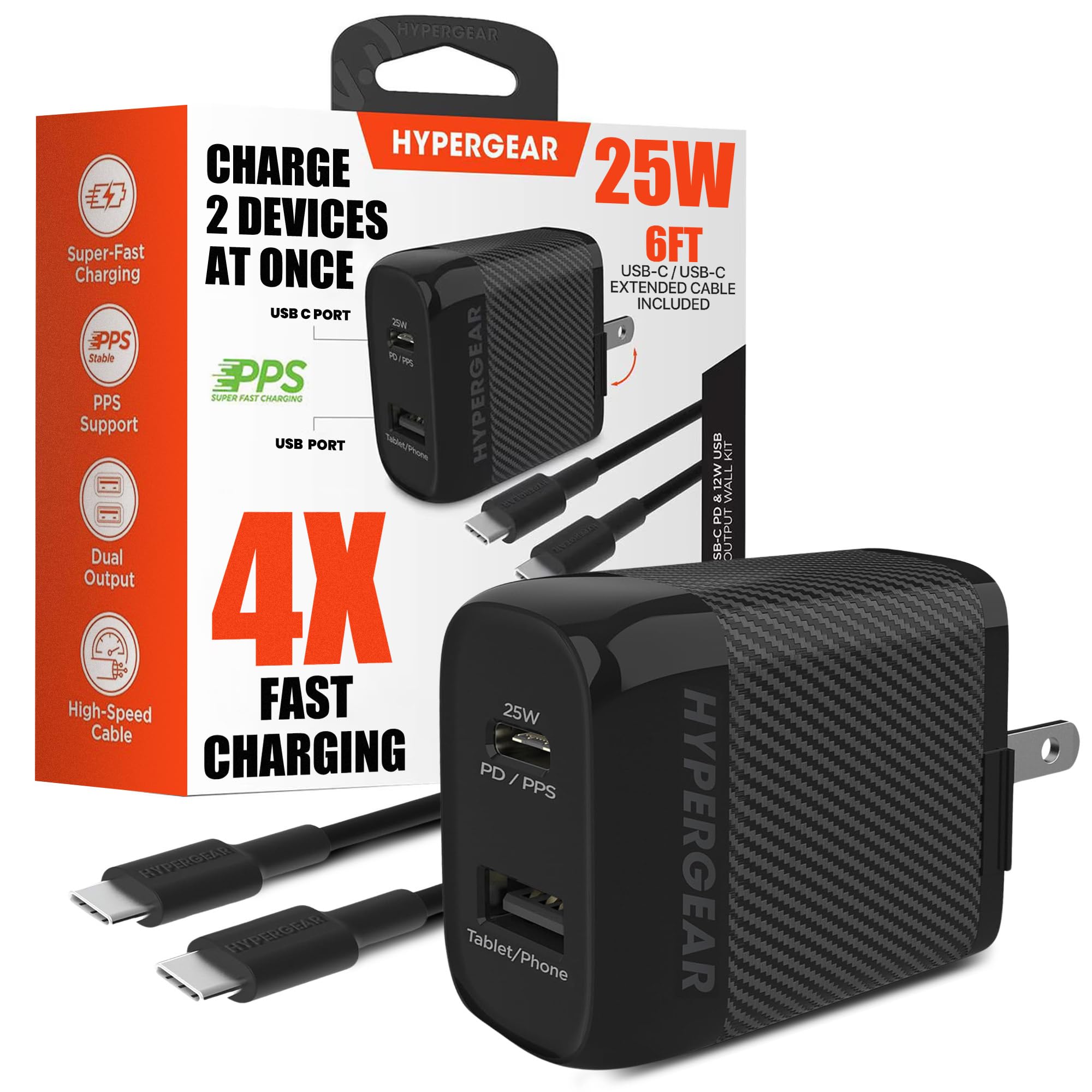 HyperGear 25W PD Fast Charger USB C with 6ft Cable - Rapid Type C Charger for Samsung Galaxy S23/S22/S21, iPhone 15/14/13, MacBook & More - Black - Perfect for Travel, Office & Home Charging