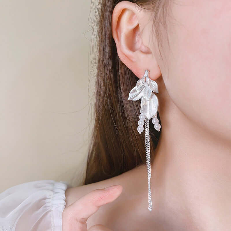 Ivory Pearl Leaf Link Chain Drop Earrings for Women | EH338 | Elegant Dangle Earrings for Wedding, Party & Evening Wear