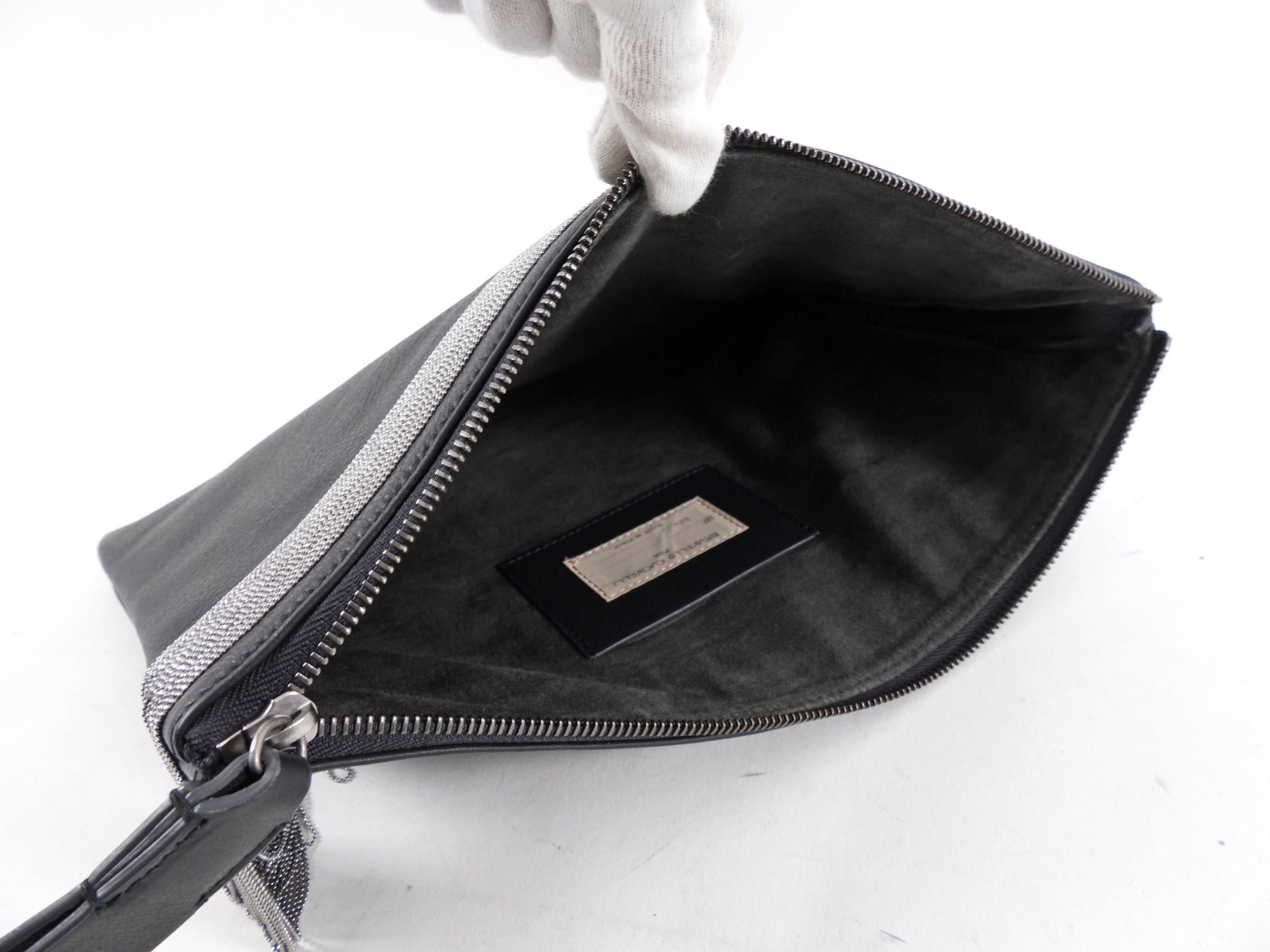 Brunello Cucinelli Charcoal Grey Leather Fringe Zip Pouch Clutch Bag for Women | Elegant Evening Party & Wedding Accessory | Stylish Crossbody Handbag for Date Night & Special Occasions