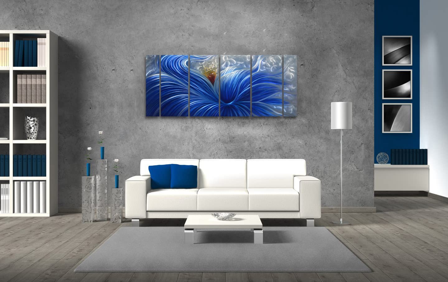 Handmade Blue Flower Metal Wall Art - Abstract Modern & Contemporary Wall Sculpture - Silver Aluminum Wall Decor - 6 Panels 65