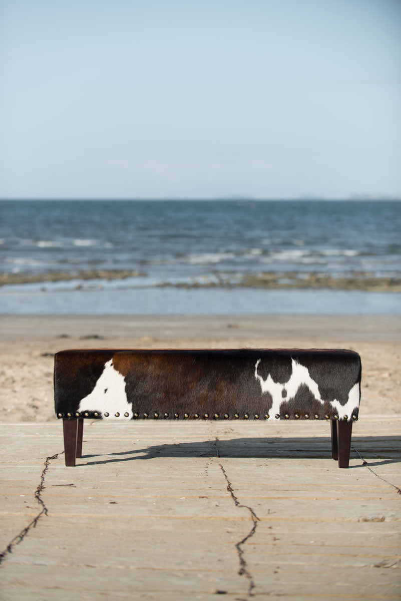 Premium Cowhide Bench Ottoman with Solid Wood Legs - 120x40x45cm - Stylish Footrest & Extra Seating for Living Room, Bedroom or Entryway