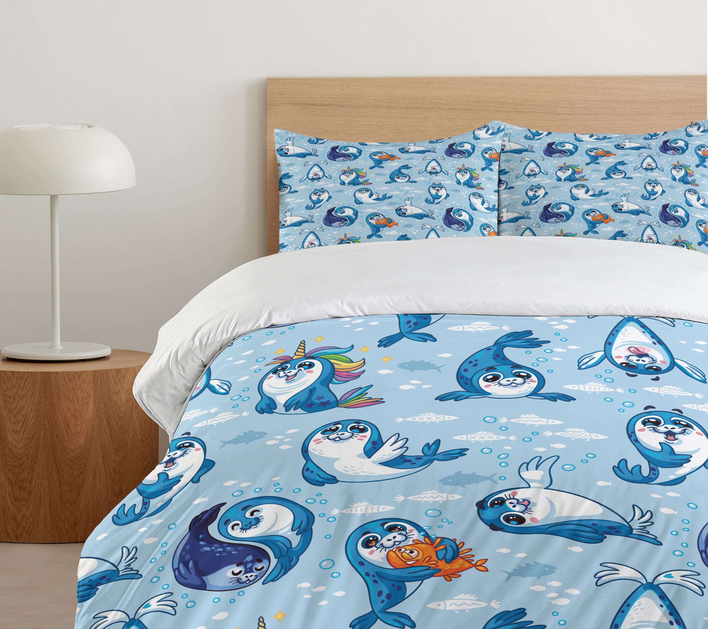 Ambesonne Sea Animals Duvet Cover Set - Seal Pup & Aquatic Wildlife Design with Water Bubbles, 3 Piece Queen Size Bedding Set with 2 Pillow Shams, Blue White Marigold - Perfect for Kids' Rooms, Beach Themed Bedrooms & Ocean Lovers' Home Decor