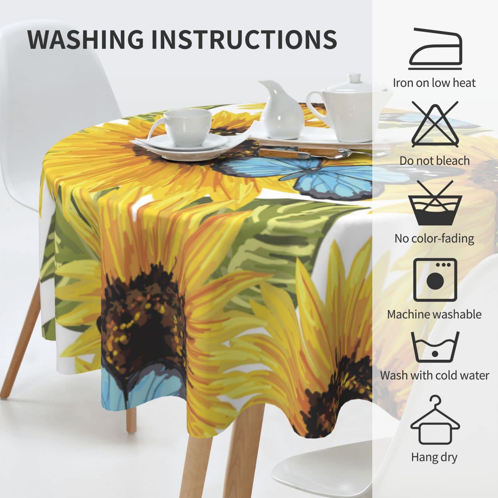 **60 Inch Waterproof Sunflower Tablecloth - Round Butterfly Design Washable Polyester Table Cover for Kitchen, Dining Room, Indoor & Outdoor, Picnic, Patio, Party Decor - Perfect for Spring Celebrations & Garden Gatherings**