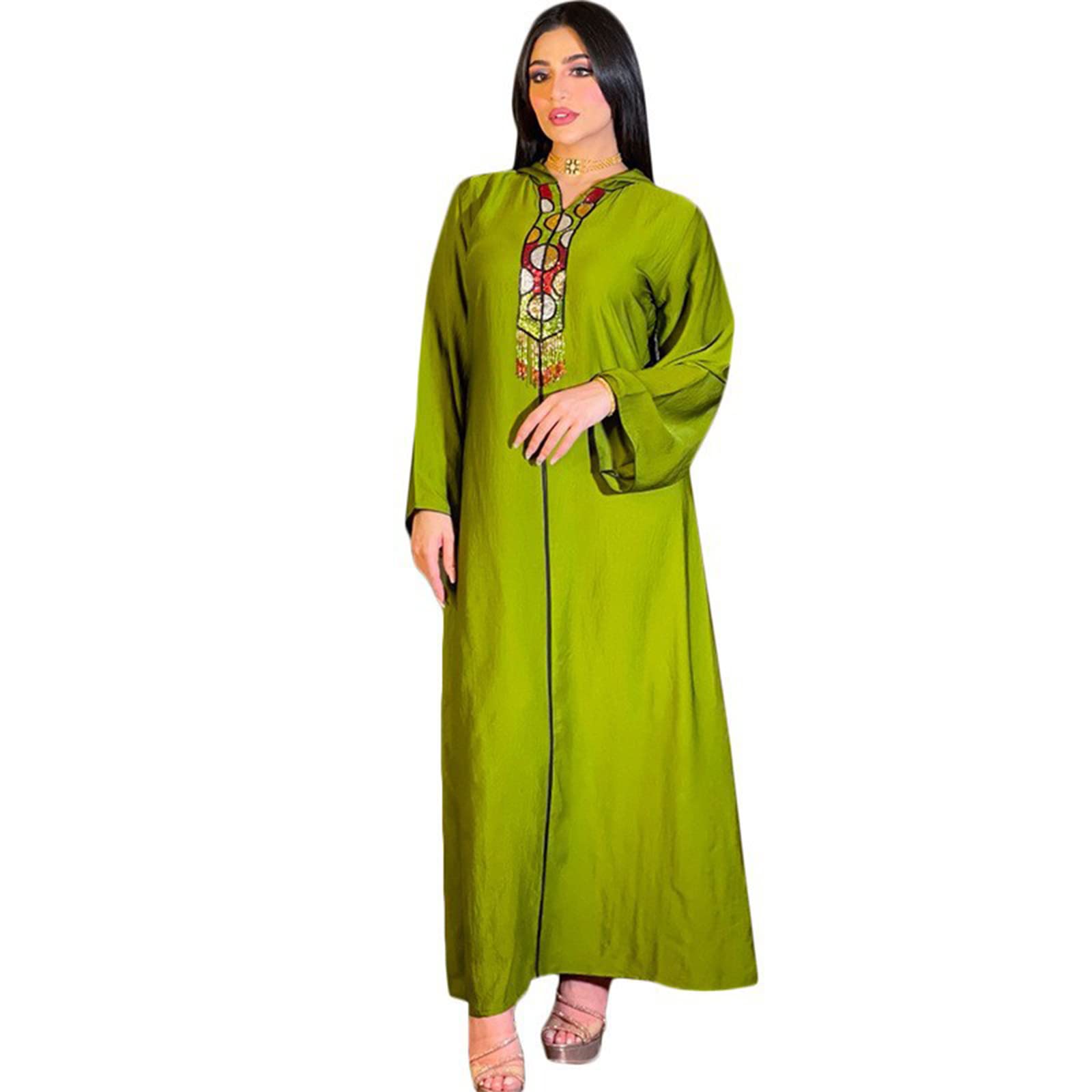 Elegant Muslim Women's Robe - Middle Eastern Diamond Fringe Hooded Abaya Dress with V-Neck & Long Sleeves for Ramadan, Evening Parties & Daily Wear - Green XXL | Perfect for Special Occasions, Prayer & Modest Fashion