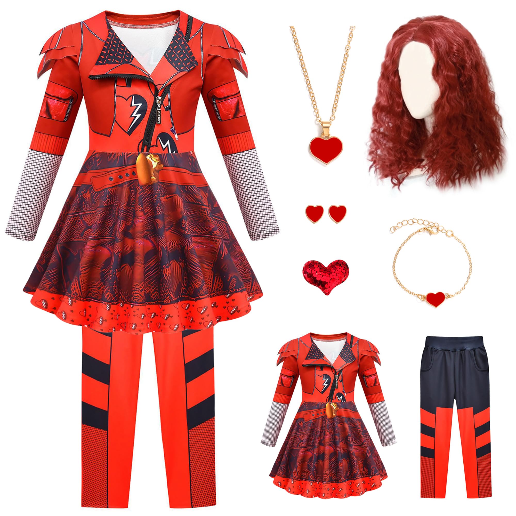 7 Pcs Princess Red Costume Set for Girls - Elegant Party Dress with Wig & Accessories | Perfect for Halloween, Cosplay, Birthday Parties & Dress-Up Play