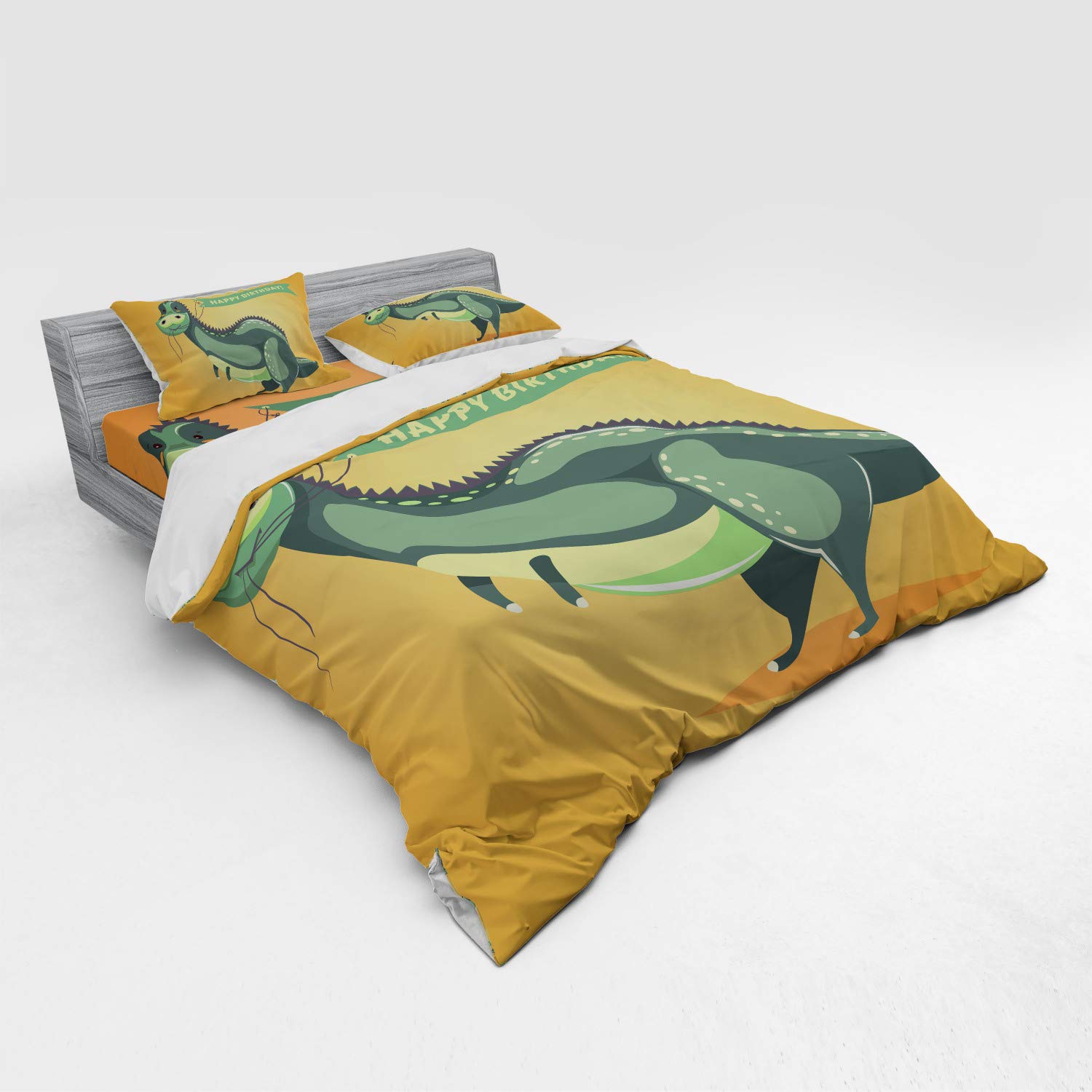 Ambesonne Dinosaur Birthday Duvet Cover Set - King Size 4-Piece Bedding with Shams & Fitted Sheet - Funny Cartoon Dino Design in Green & Orange - Perfect for Kids' Rooms, Birthday Gifts & Themed Bedrooms