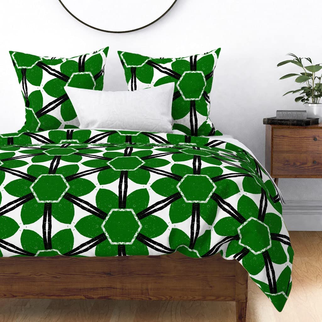 Premium Spoonflower Cotton Sateen Duvet Cover King/California King - Bloom Green Mid-Century Vintage Floral Print in Retro White Black Emerald | Custom Bedding Set for Modern & Boho Bedrooms