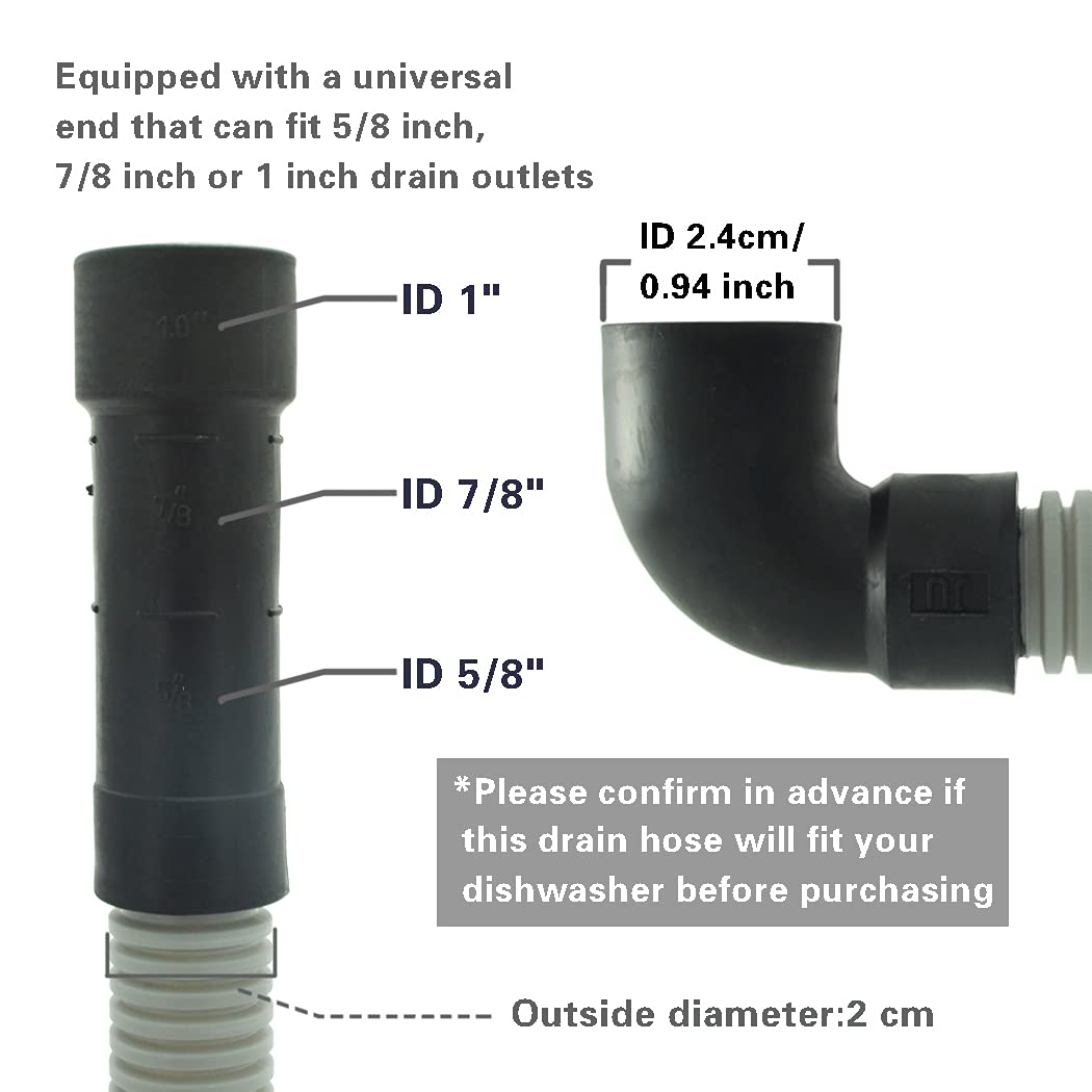 Universal Dishwasher Drain Hose with Elbow - 8 Ft Flexible Corrugated Discharge Hose Replacement with Clamp | Compatible with Most Dishwashers | Ideal for Kitchen Appliance Repair and Installation