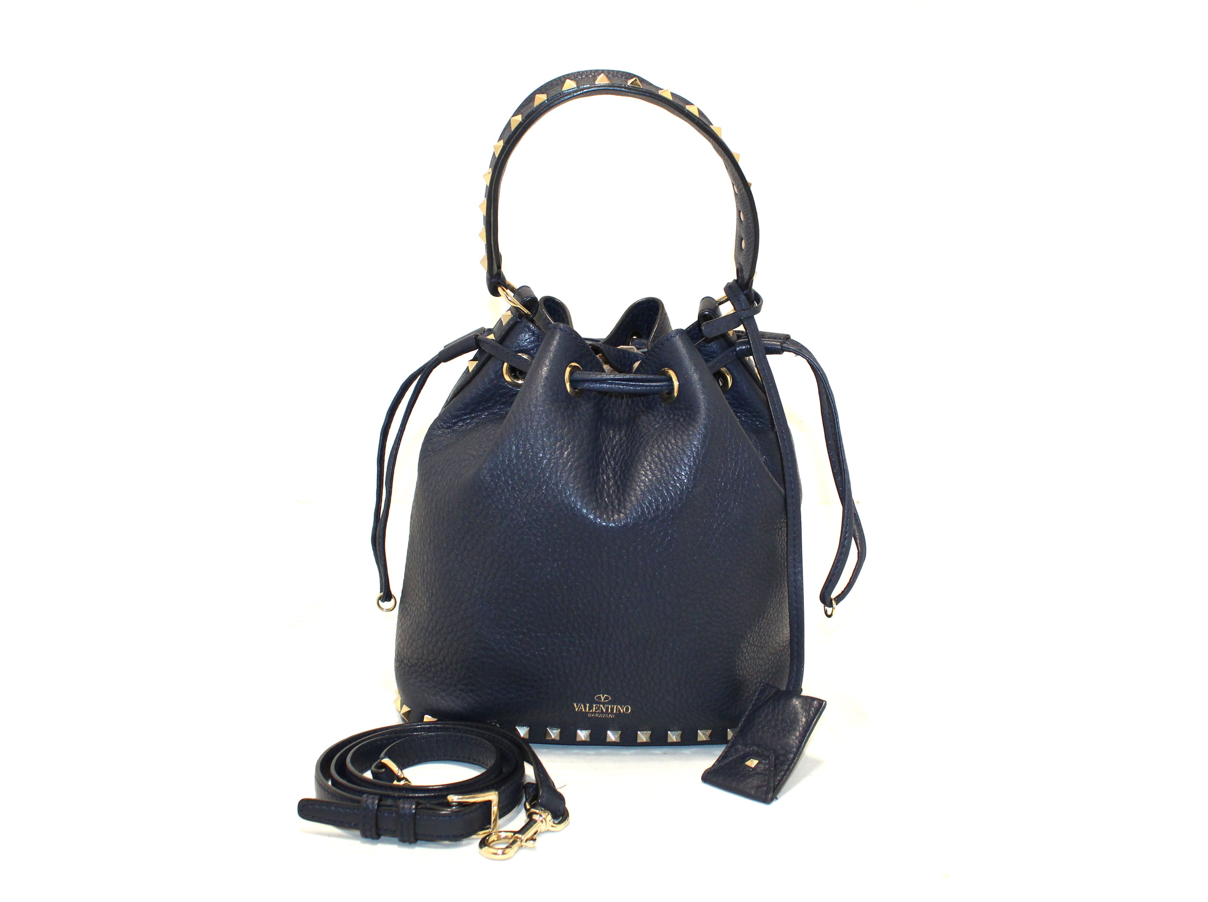 Authentic Valentino Garavani Navy Blue Rockstud Small Bucket Bag | Luxury Designer Crossbody Purse for Women | Perfect for Evening Parties, Date Nights & Special Occasions