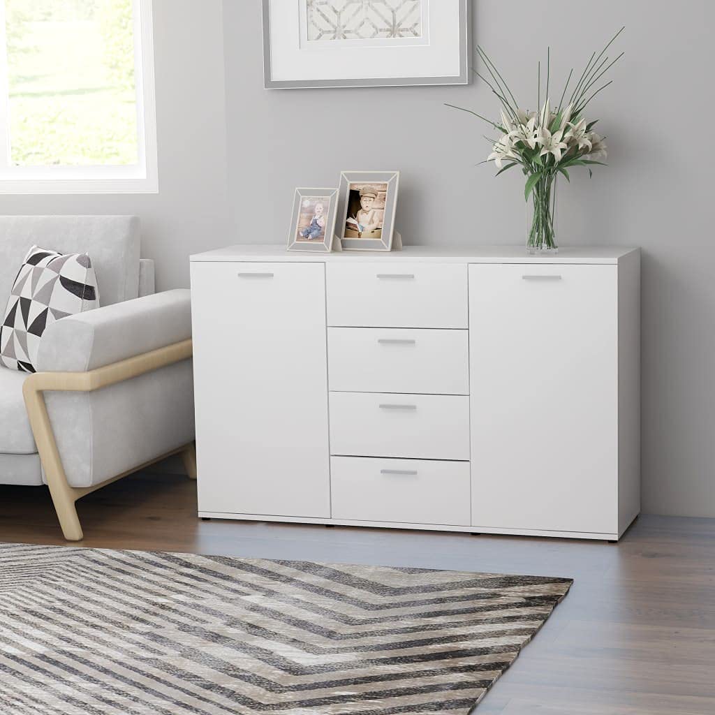 White Wooden Buffet Sideboard with 2 Doors & 4 Drawers - Kitchen Storage Cabinet, Dining Room Console Table, Entryway Organizer & Living Room Furniture for Home Decor