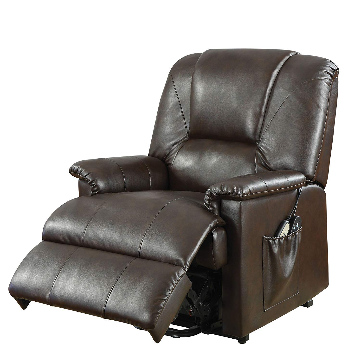 ACME Reseda Recliner Chair with Lift & Massage Functions - Brown PU Leather Reclining Sofa for Living Room, Home Theater & Elderly Comfort