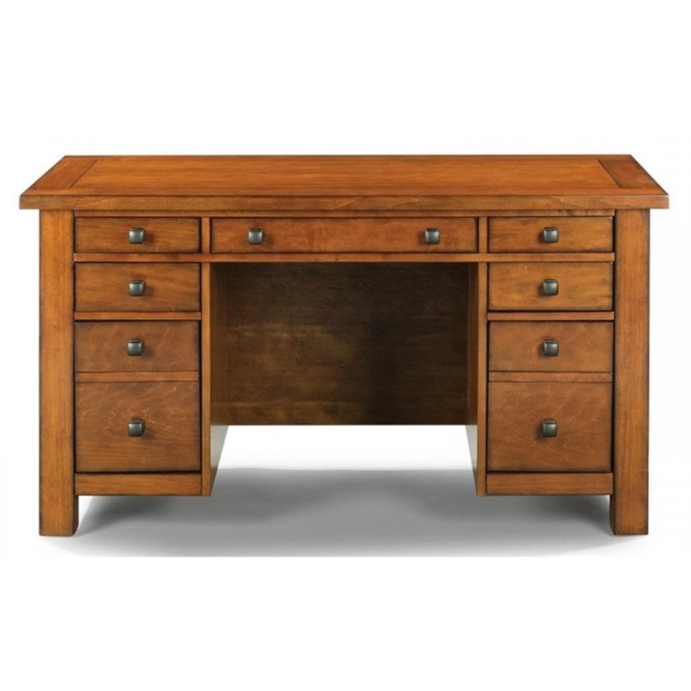 Pemberly Row Contemporary Aged Maple Double Pedestal Executive Desk with Drawers - Stylish Home Office Desk for Professionals & Remote Work