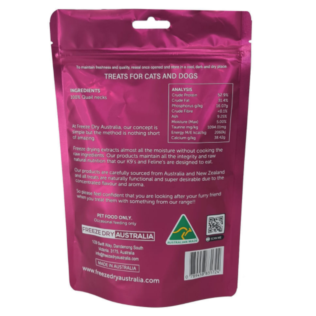 Freeze Dried Australian Quail Necks for Dogs & Cats - 100g Natural Protein Treats | High-Reward Training Snacks & Dental Chews for Pets