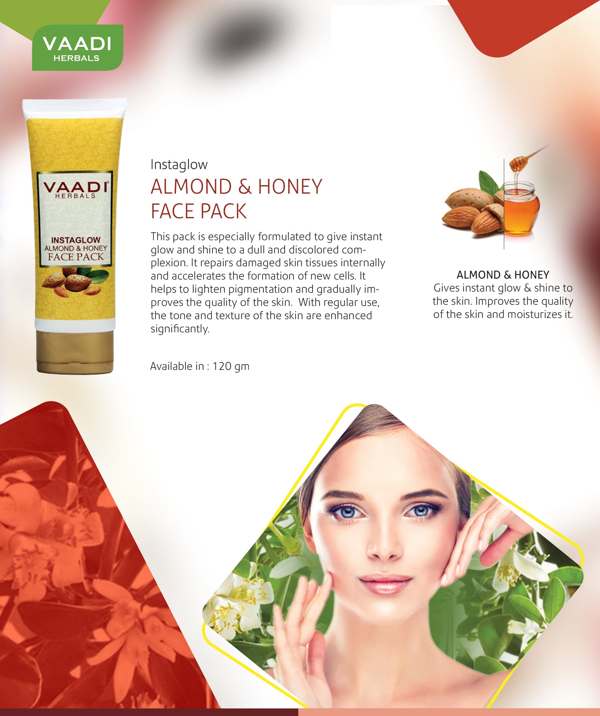 Vaadi Herbals Instaglow Almond and Honey Face Pack - 120g x 2 Pack - Brightening & Hydrating Facial Mask for Glowing Skin - Perfect for Daily Skincare Routine & Spa Nights